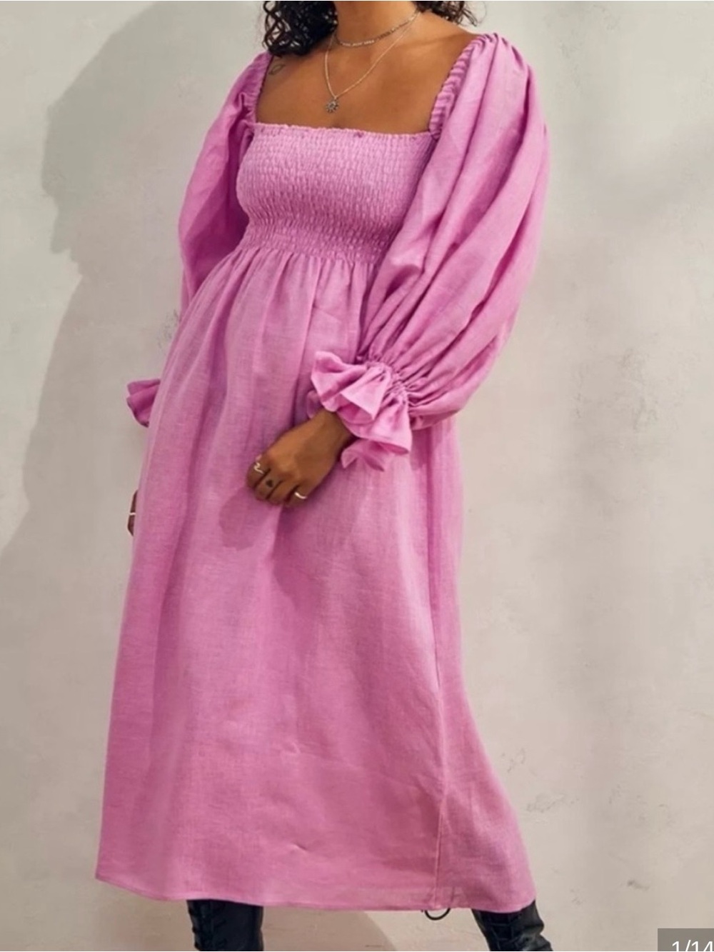 Sleeper Atlanta Smocked Midi Dress Pink Lilac 100% Linen Dress